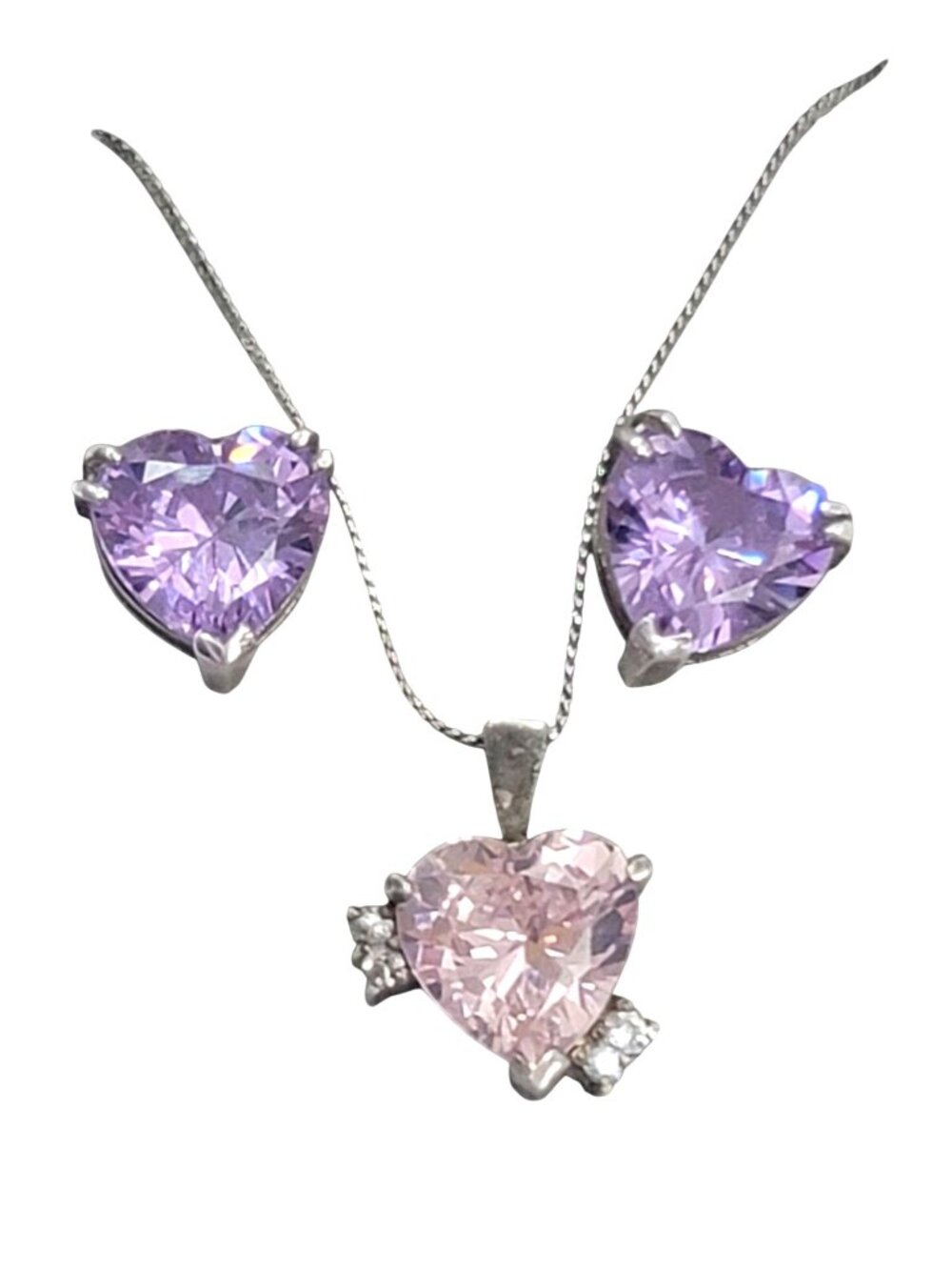 Sterling Silver Heart Necklace Earrings Set Pink Purple CZ Stones